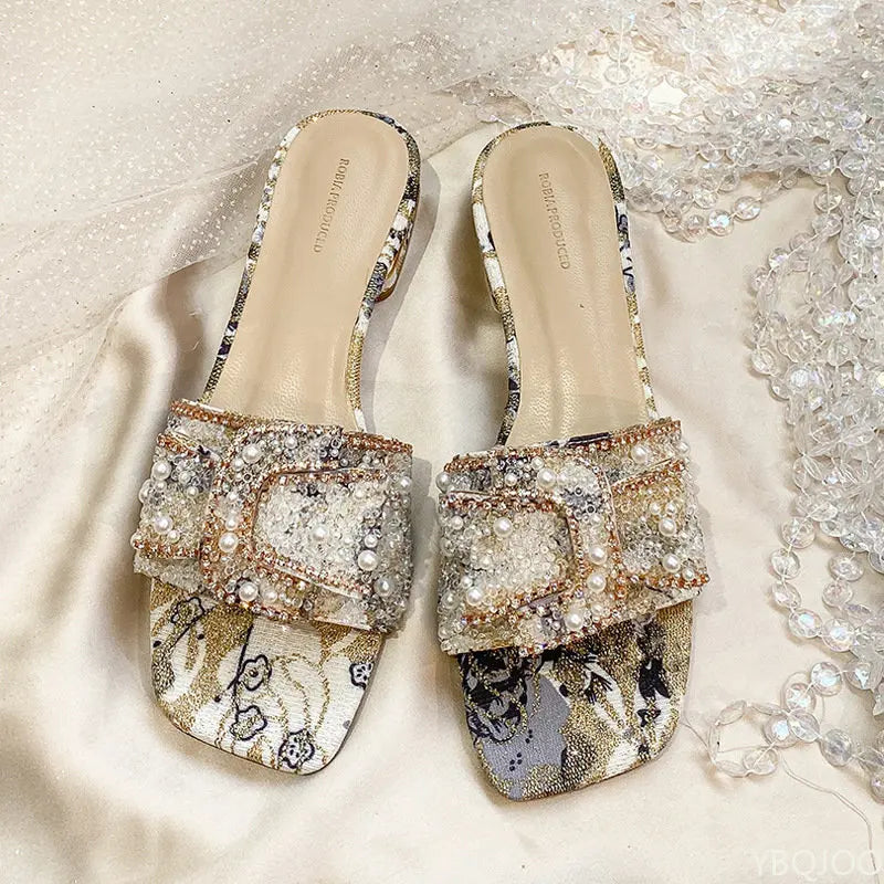 Women’s Rhinestone Slippers – Peep Toe Summer Sandals, Comfortable Chunky Heel Fashion Shoes