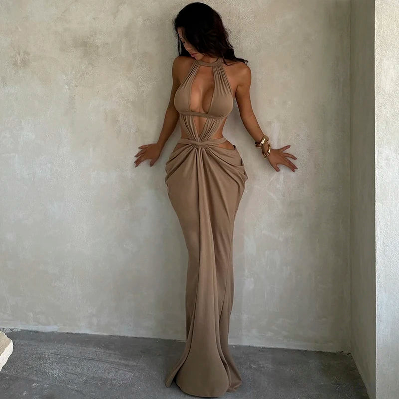 Women's Halter Cut-Out Backless Maxi Dress, Sleeveless Floor-Length