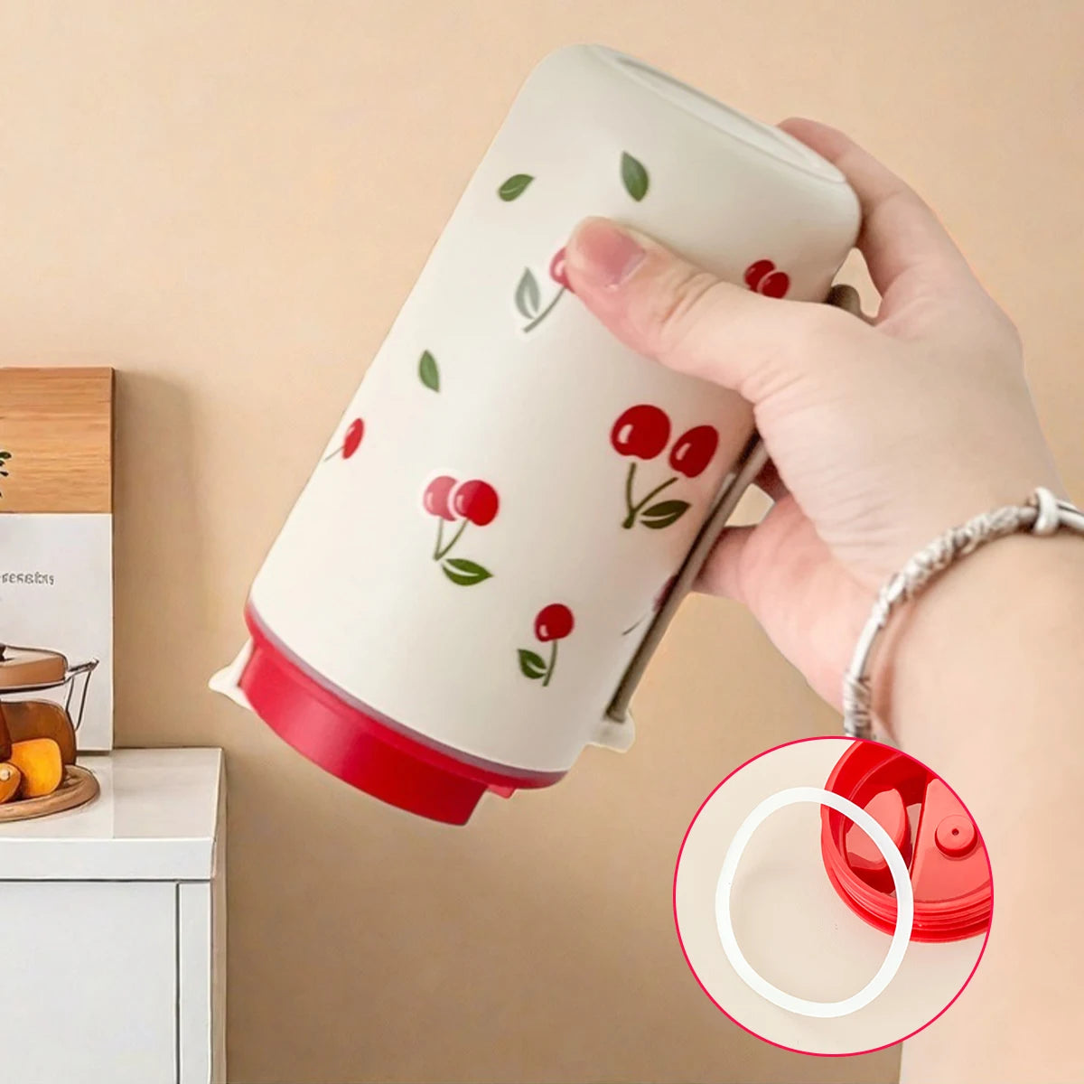 Cherry Pattern Plastic Tumbler Cup with Rope – 350–400ml Reusable Water, Coffee & Milk Mug