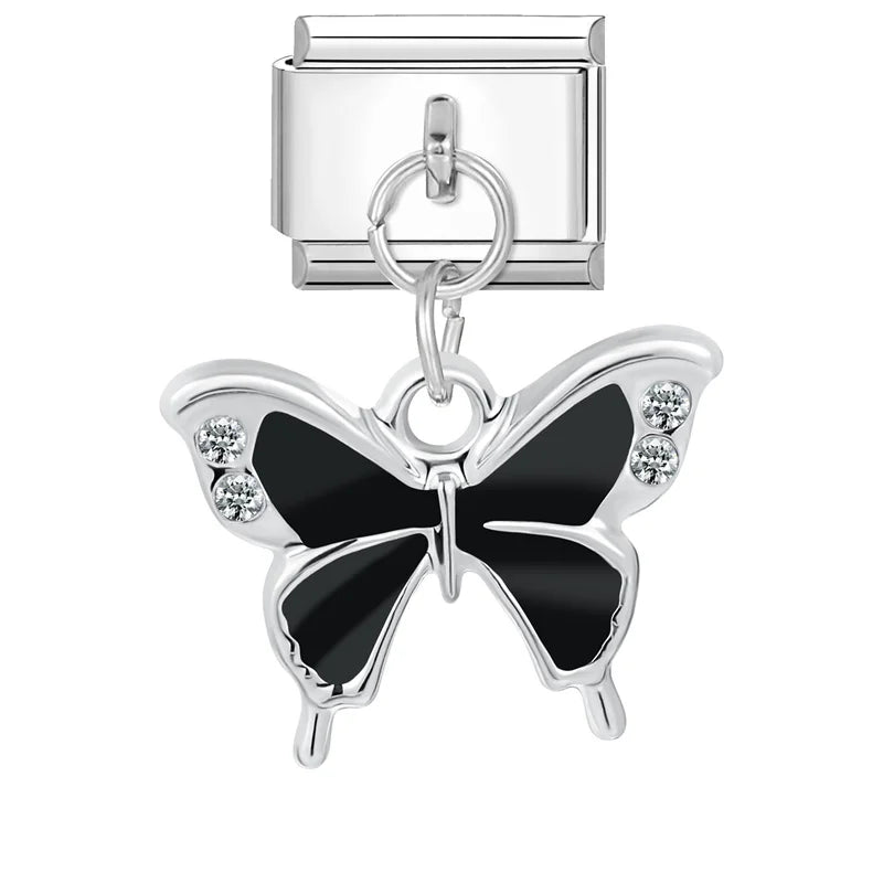 DIY Italian Charm Bracelet – Black & Red Cat Eye, Heart & Stripe Charms, 9mm Stainless Steel