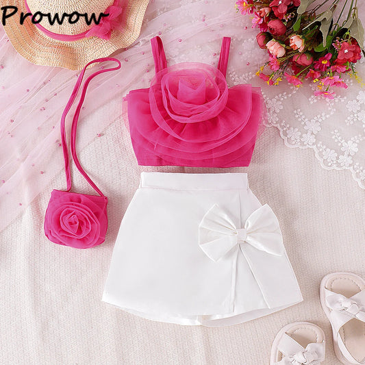 3pcs Elegant Sets For Girls Kids Pro-wow 2024 3D Rose Floral Top and Bow Shorts+Bag Children Outfit Set Clothes