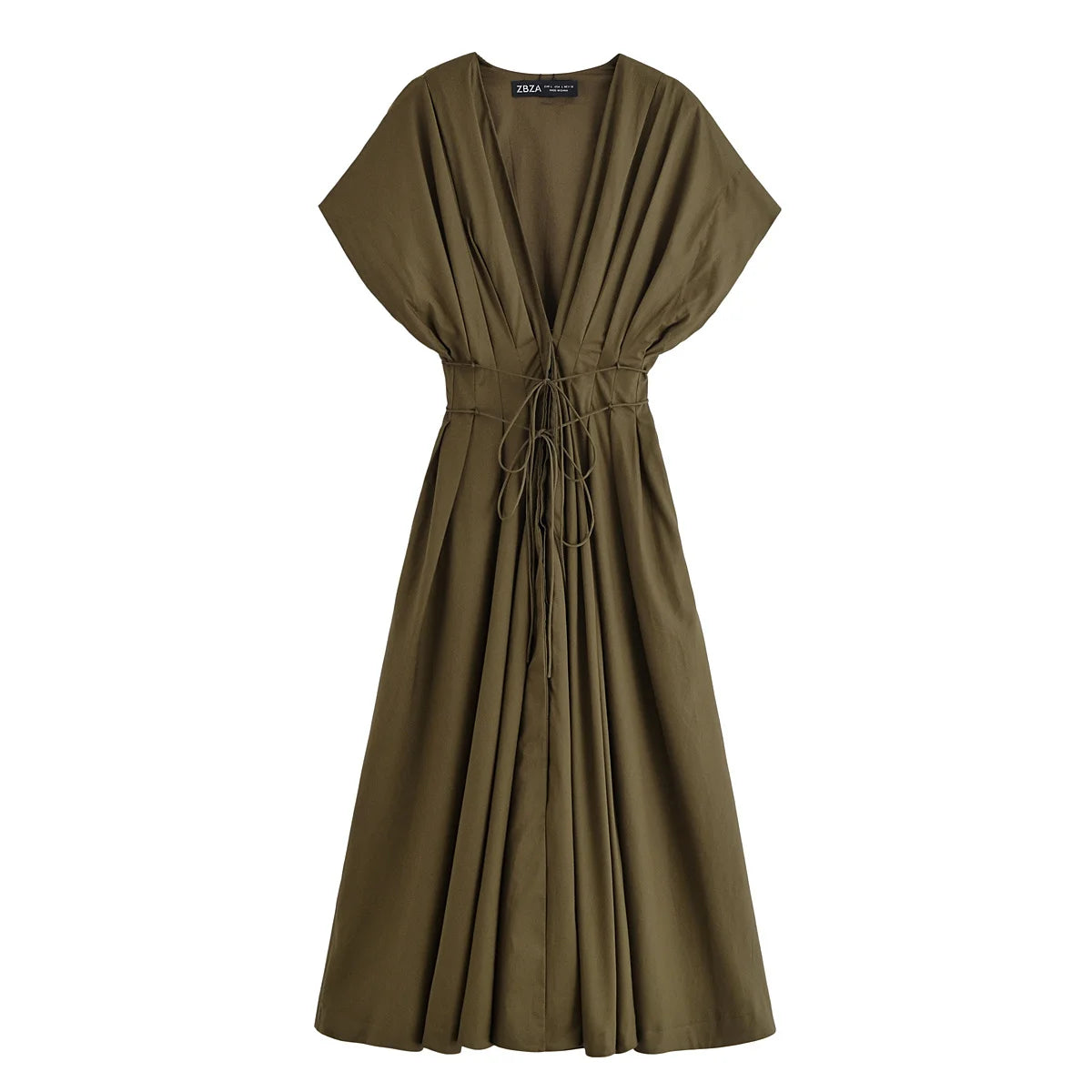 Women's Elegant V-Neck Long Dress – Short Sleeve Lace-Up Bow Waist Casual Dress