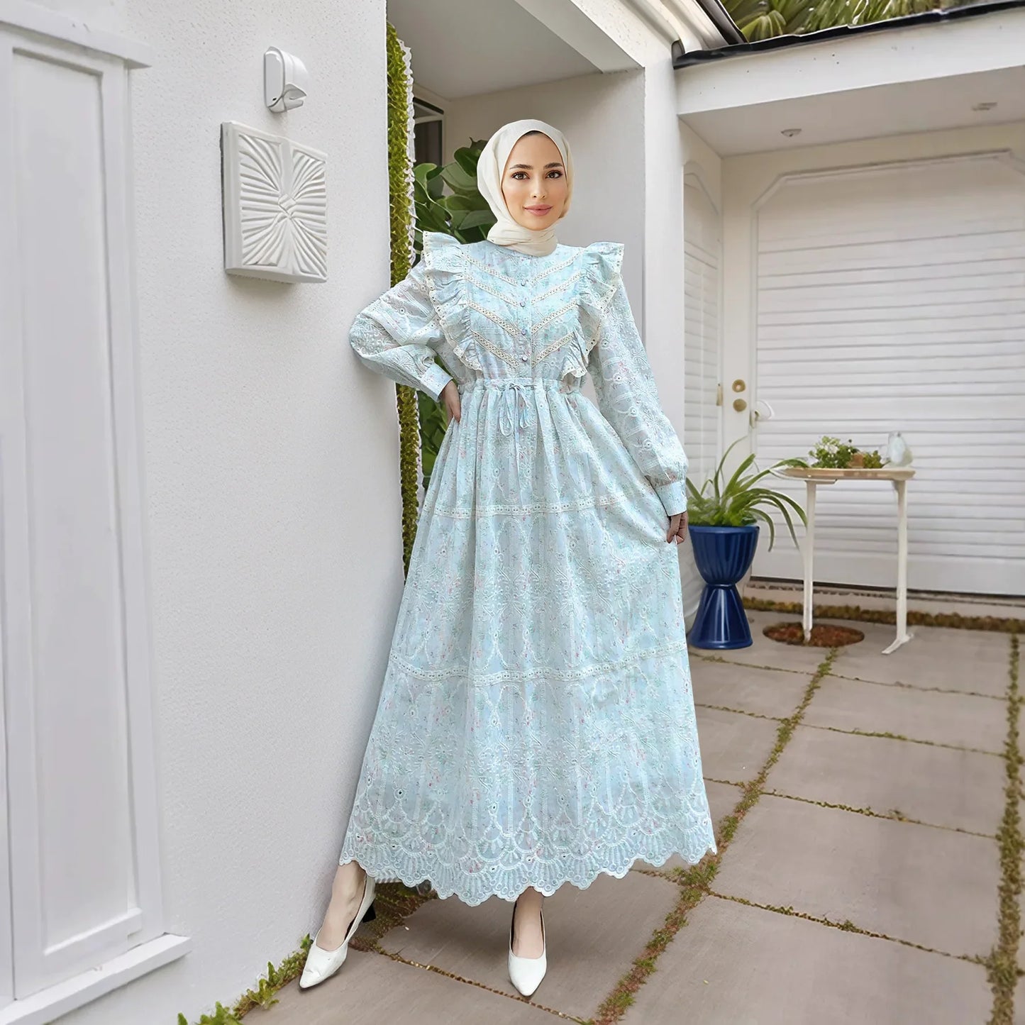 Elegant Ethnic Print Abaya Maxi Dress for Women – Muslim Jalabiya Modest Kaftan for Spring & Autumn