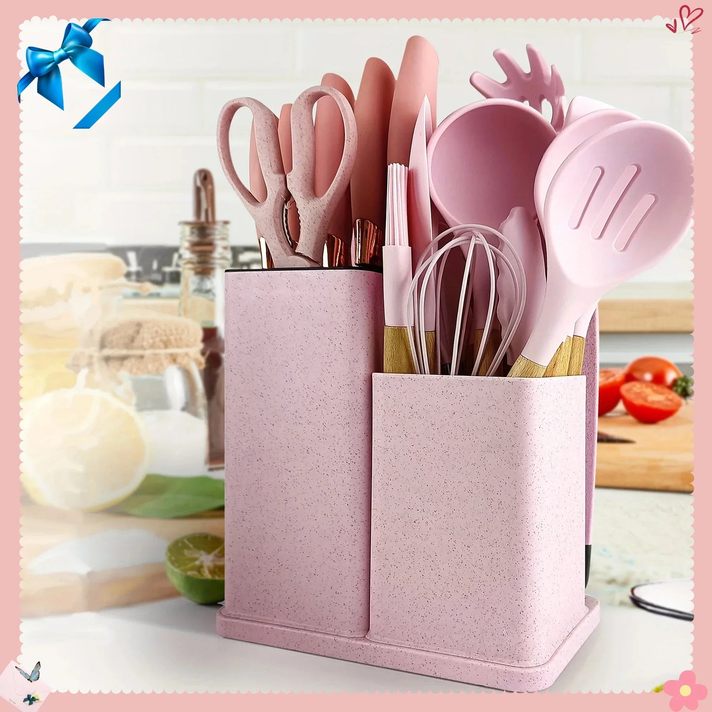 19-Piece Non-Stick Silicone Kitchen Utensil Set with Knives and Bamboo Storage – Heat-Resistant Tools Perfect for Cooking