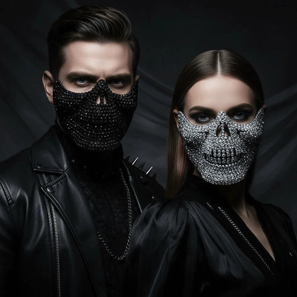 Rhinestone Skull Half-Face Costume Mask for Adults, Sparkling Gothic Punk Masquerade Accessory for Halloween, Cosplay and Themed Parties