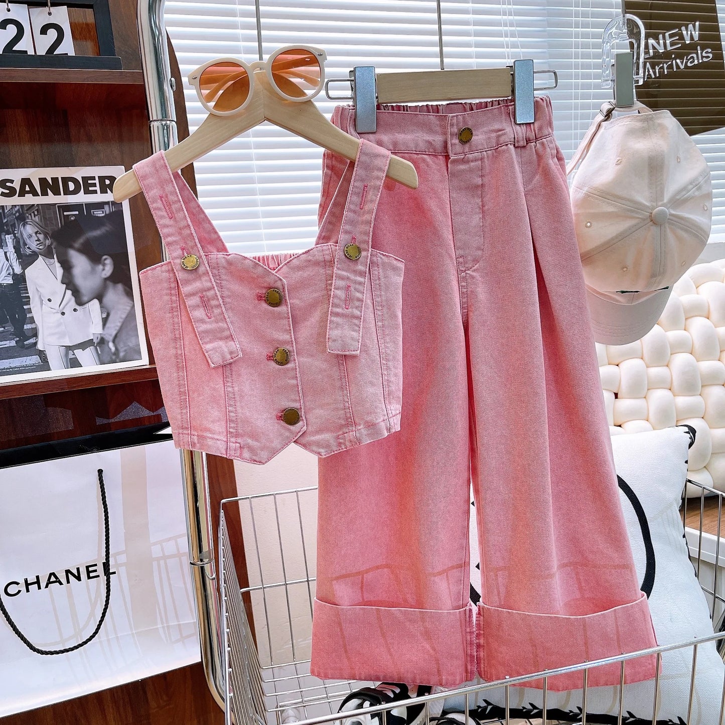 Summer New Mid size Children's Fashion Denim Set with Single breasted Sling Top +Straight leg Pants Kids Girls Clothes Suit 4-13