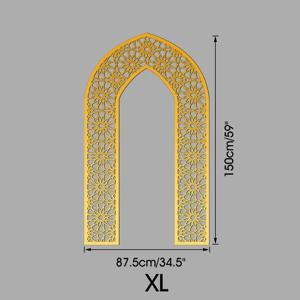 Islamic Arch Mirror Wall Sticker – Gold Acrylic 3D Mosque Frame Decal with Geometric Pattern for Ramadan & Eid Decor