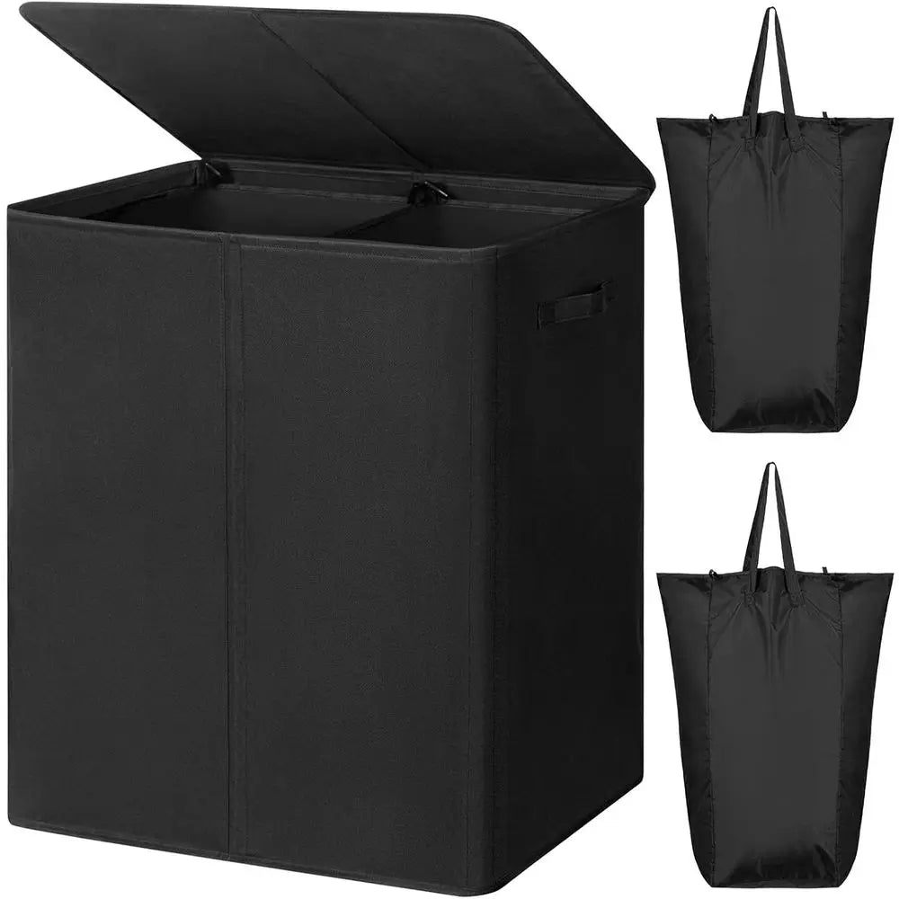 Double Laundry Hamper with Lid and 2 Removable Bags, Collapsible Divided Laundry Basket