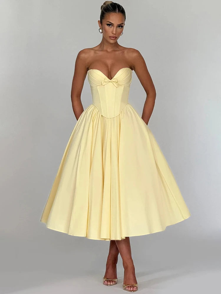 Elegant Off-Shoulder Strapless Midi Dress for Women – Sleeveless, Backless, A-Line Party Dress with Bow Detail