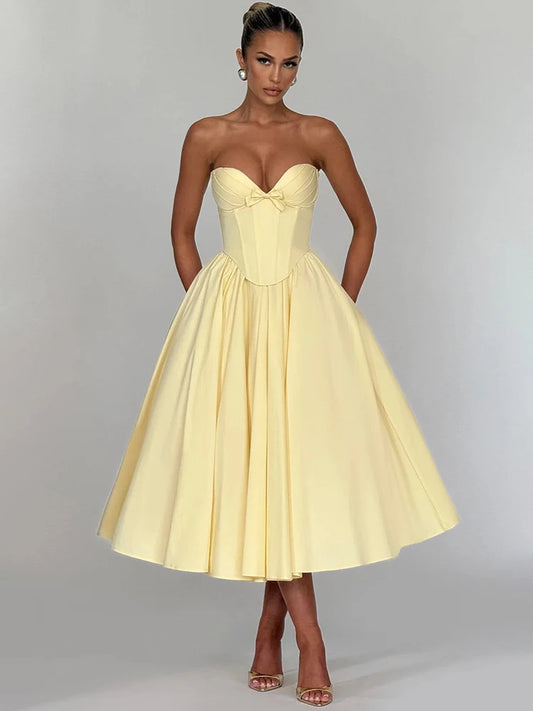 Elegant Off-Shoulder Strapless Midi Dress for Women – Sleeveless, Backless, A-Line Party Dress with Bow Detail