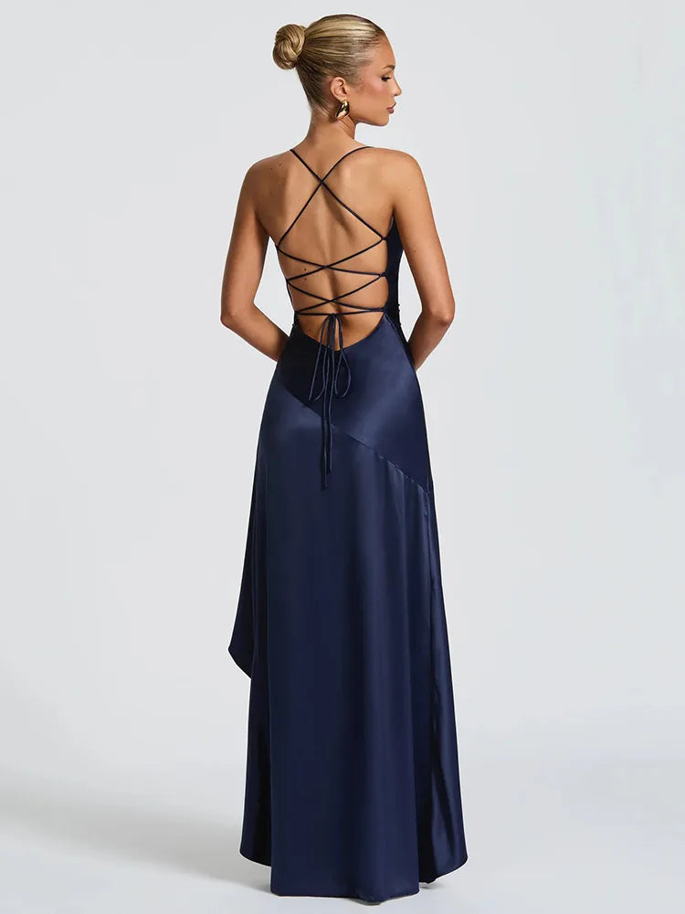 Elegant Spaghetti Strap Satin Split Maxi Dress for Women – Sexy Backless Bodycon Party & Evening Dress, Perfect for Summer Holidays & Beachwear