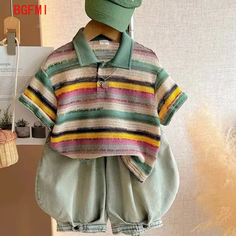 Kids Colorful Striped Polo Shirt & Shorts Set – Boys & Girls, Short Sleeve, Ages 4-6