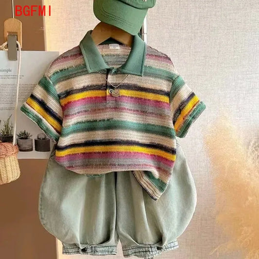 Kids Colorful Striped Polo Shirt & Shorts Set – Boys & Girls