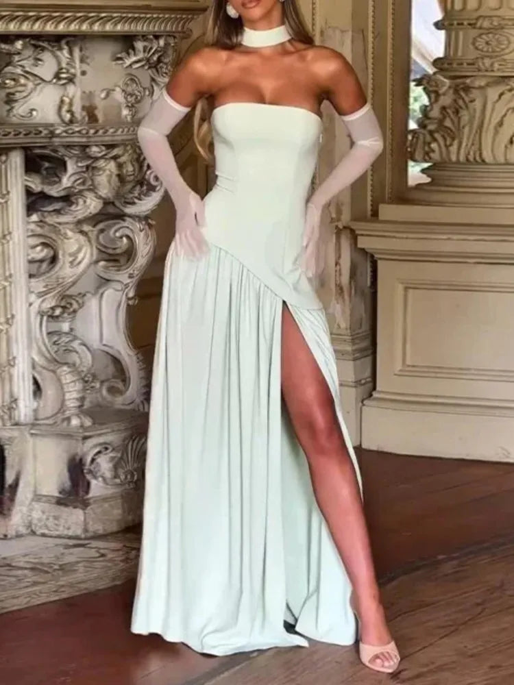 Elegant Pleated Long Dress for Women – Off-Shoulder, Scarf Neck, High Slit | Party & Evening Gown