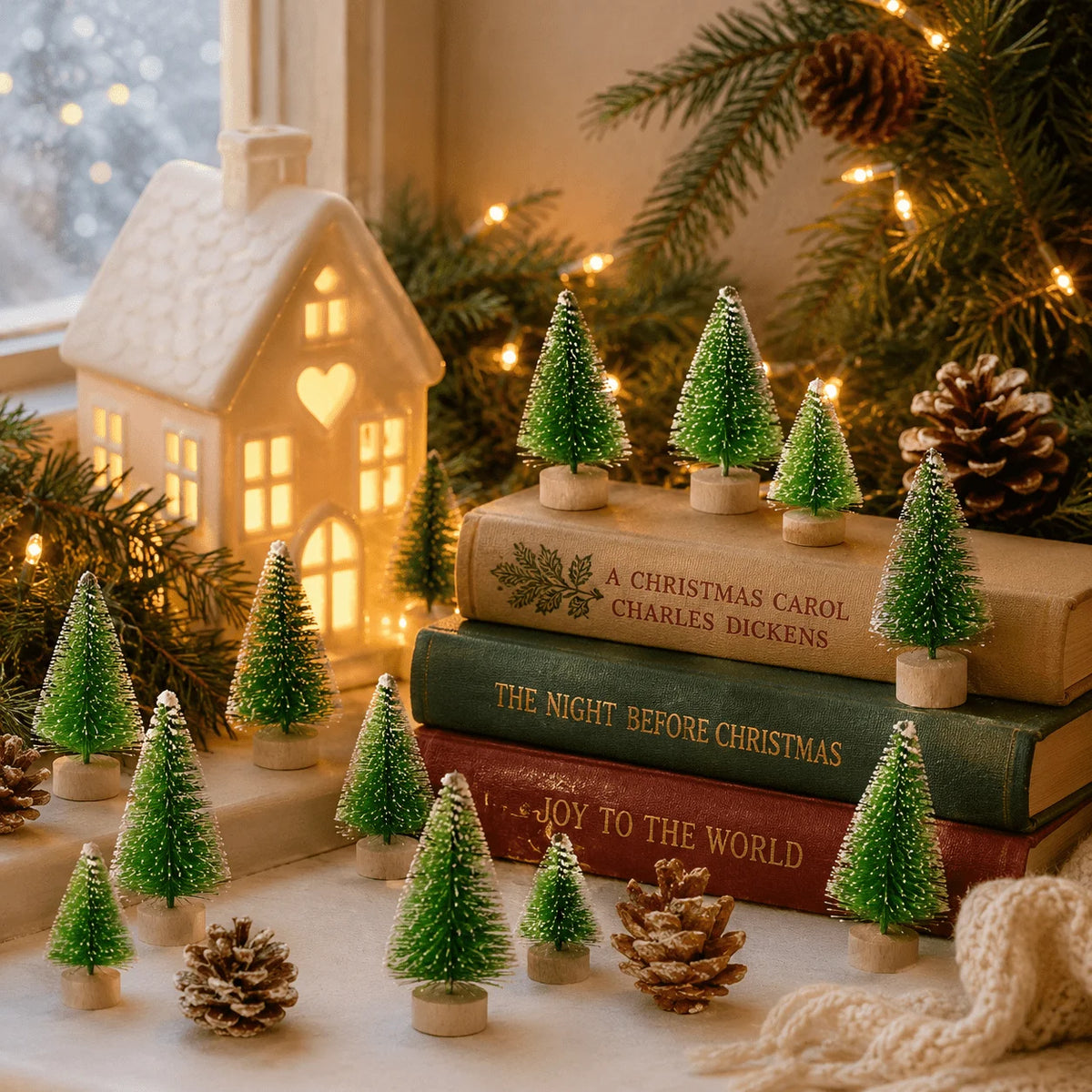 50-Piece Mini Snow-Flocked Bottle Brush Christmas Tree Set with Wooden Bases for Holiday Villages, Tabletop Displays and DIY Winter Crafts