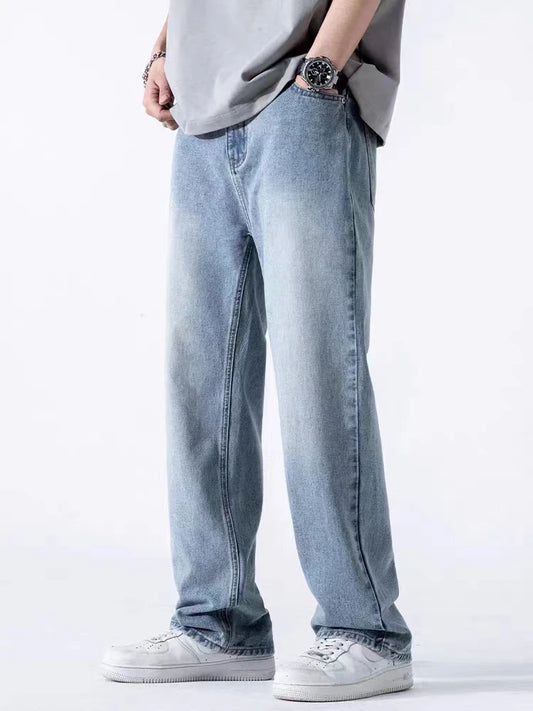 Men's Spring/Autumn Wide-Leg Jeans – Loose Fit, Straight Denim Pants with Elastic Waistband, Casual Streetwear Style, Cotton, Blue