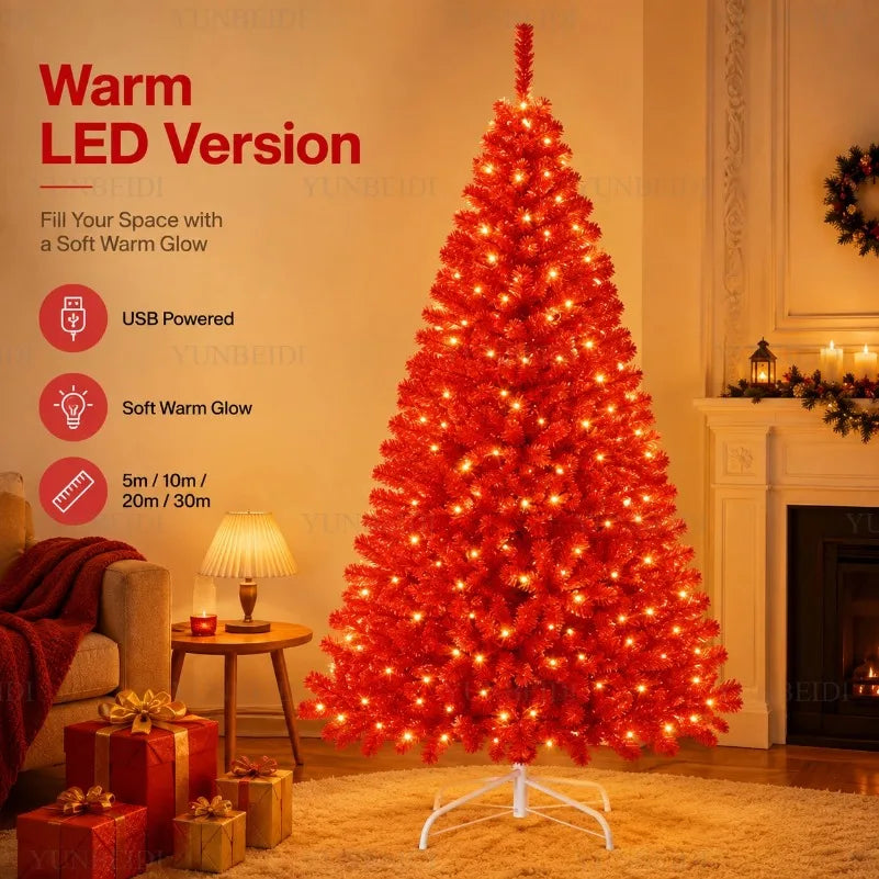 Red Artificial Christmas Tree, 120–240 cm PVC Holiday Tree with Optional Warm White USB LED Lights for Indoor Decorating