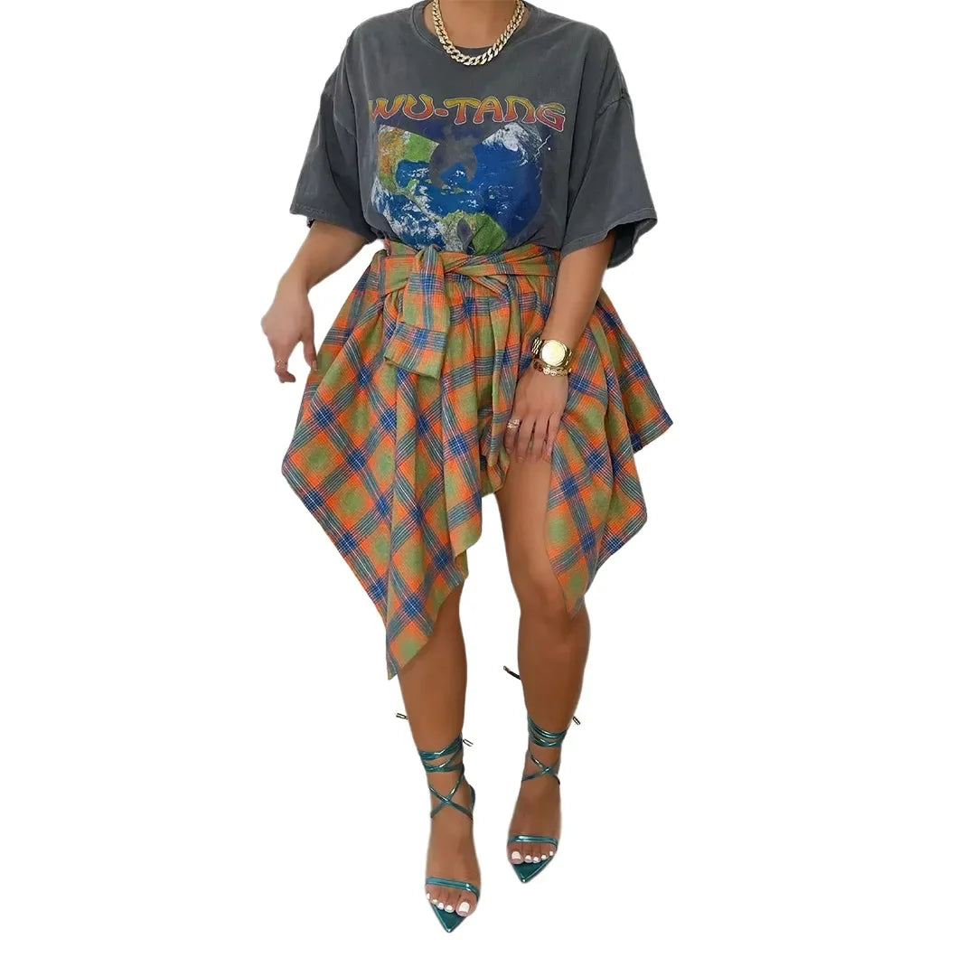 Women Plaid Irregular High Waist Knee-Length Skirt