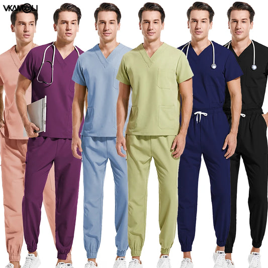 High Quality multicolour stretch fabric clinic room medical uniforms top and jogger xs-xxl scrubs set for man Doctor's Nursing work clothes