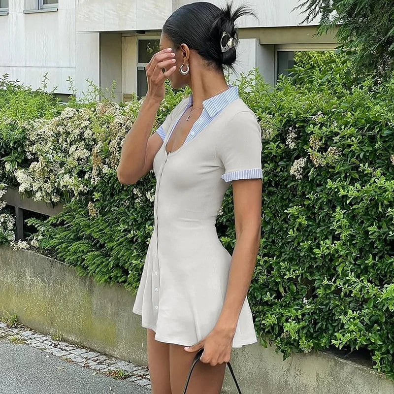 Short Sleeve Mini Dress – Square Neck Patchwork Striped High Waist Slim Fit Dress for Women