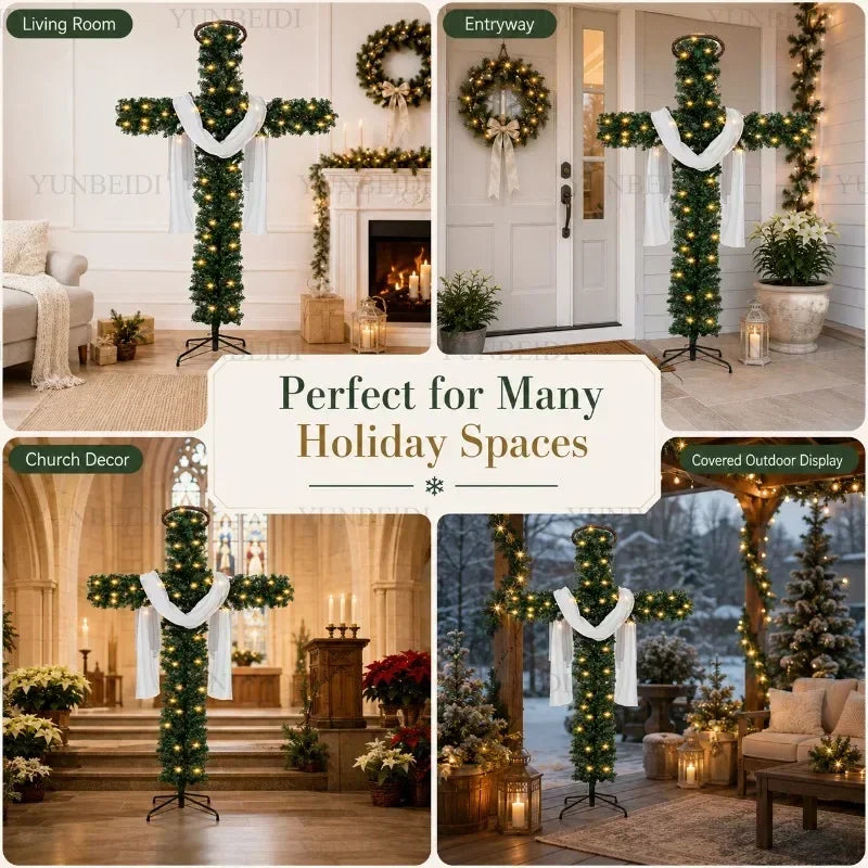 Cross-Shaped Artificial Christmas Tree with Metal Stand, 150 or 180 cm Green PVC Religious Holiday Decoration with Optional USB Lights