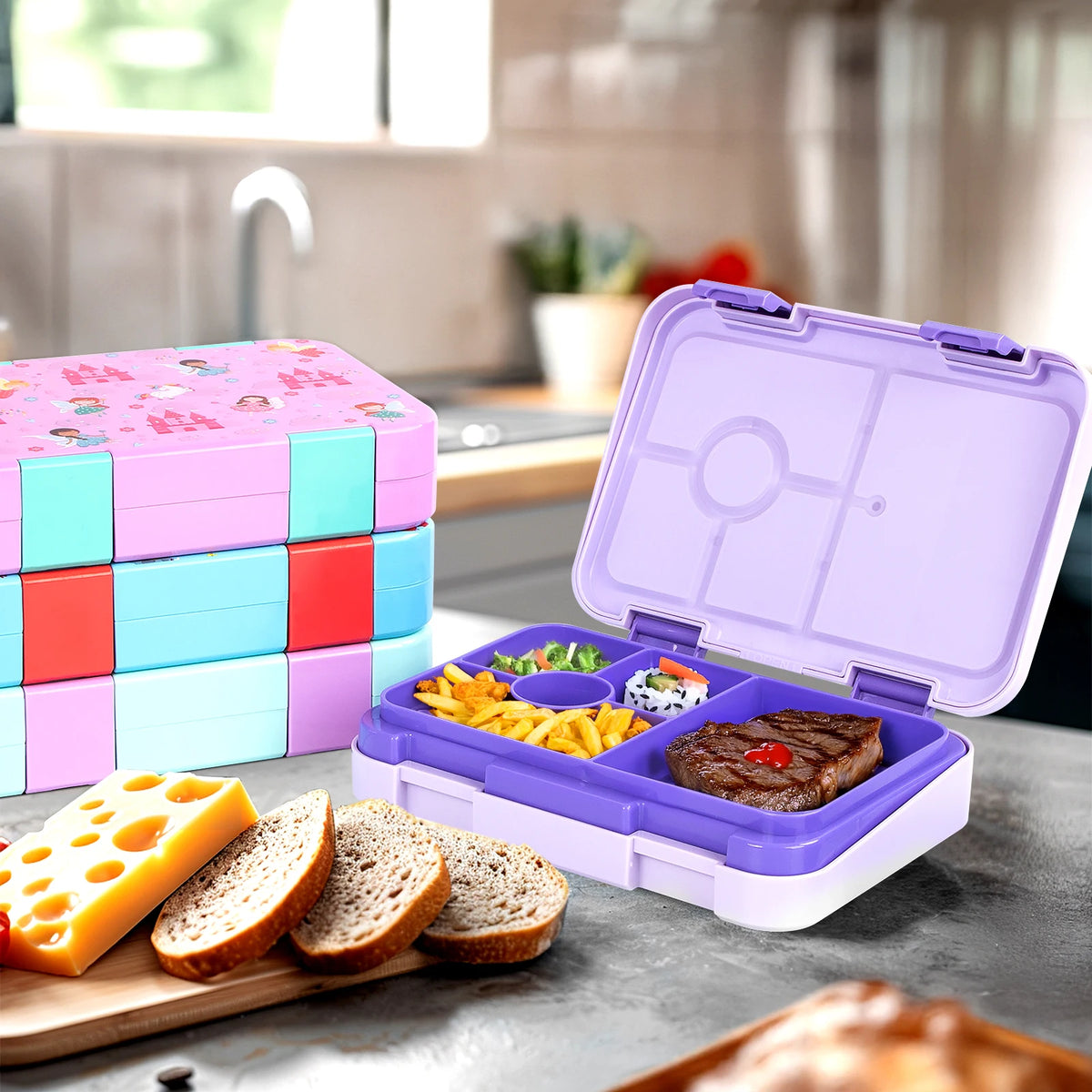 Cartoon Printed Microwavable Bento Lunch Box with 5 Compartments