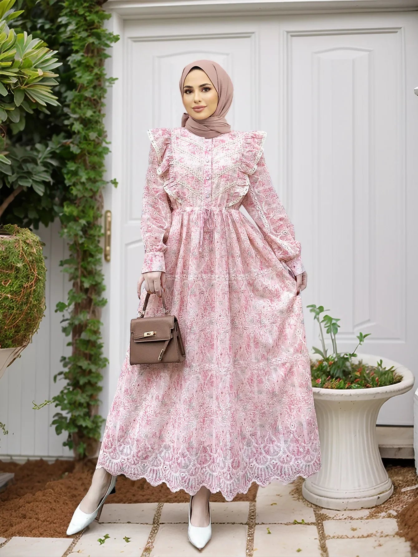 Elegant Ethnic Print Abaya Maxi Dress for Women – Muslim Jalabiya Modest Kaftan for Spring & Autumn