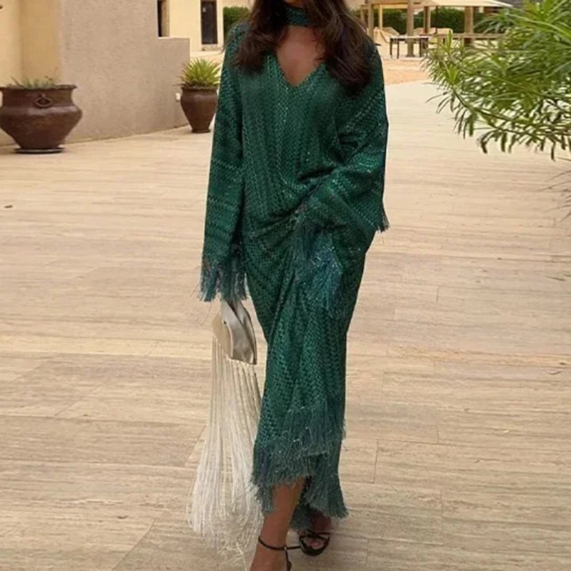 2025 Vintage Glam Off-Shoulder Maxi Dress for Women – Elegant Striped Tassel Design with Matching Scarf, Long Sleeve Evening Party Gown