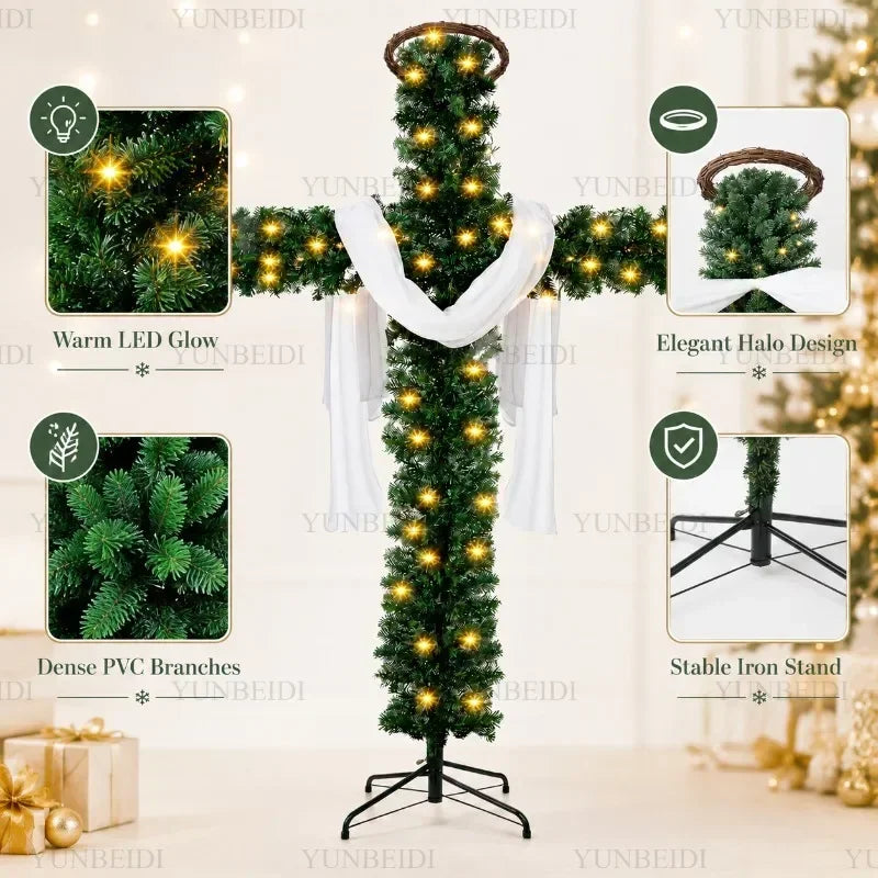 Cross-Shaped Artificial Christmas Tree with Metal Stand, 150 or 180 cm Green PVC Religious Holiday Decoration with Optional USB Lights