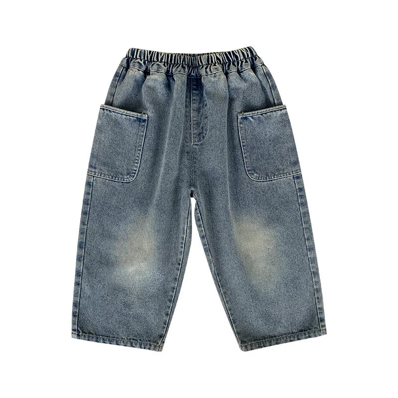 New Fashion Childrens Spring and Autumn  Casual Pants for Small and Medium Sized Children Side Pocket Grinding White Boys Jeans