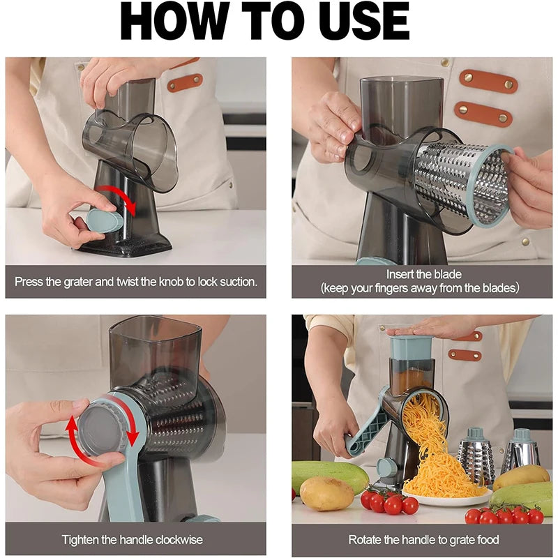 3-in-1 Rotary Cheese Grater – Manual Vegetable Slicer and Nut Grinder with Stainless Steel Blades
