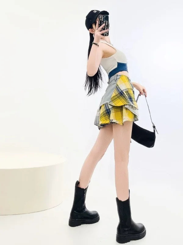 Vintage Plaid Denim Splicing Asymmetrical A-Line Mini Skirt