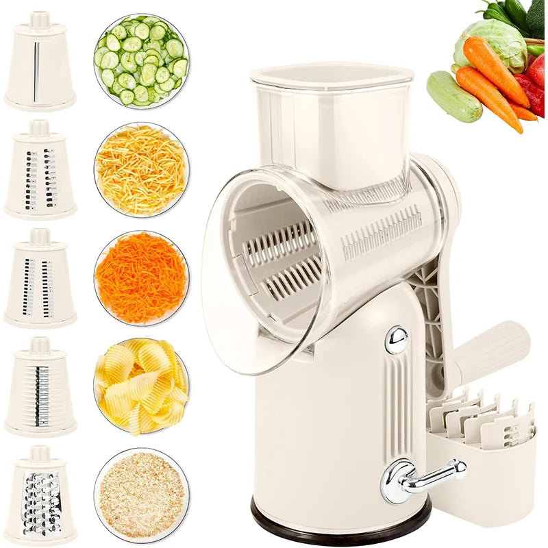 Rotary Cheese Grater with Hand Crank – 5-in-1 Kitchen Shredder & Slicer with Replaceable Stainless Steel Blades for Cheese, Vegetables & More