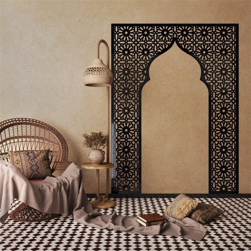 Islamic Arch Mirror Wall Sticker – Gold Acrylic 3D Mosque Frame Decal with Geometric Pattern for Ramadan & Eid Decor
