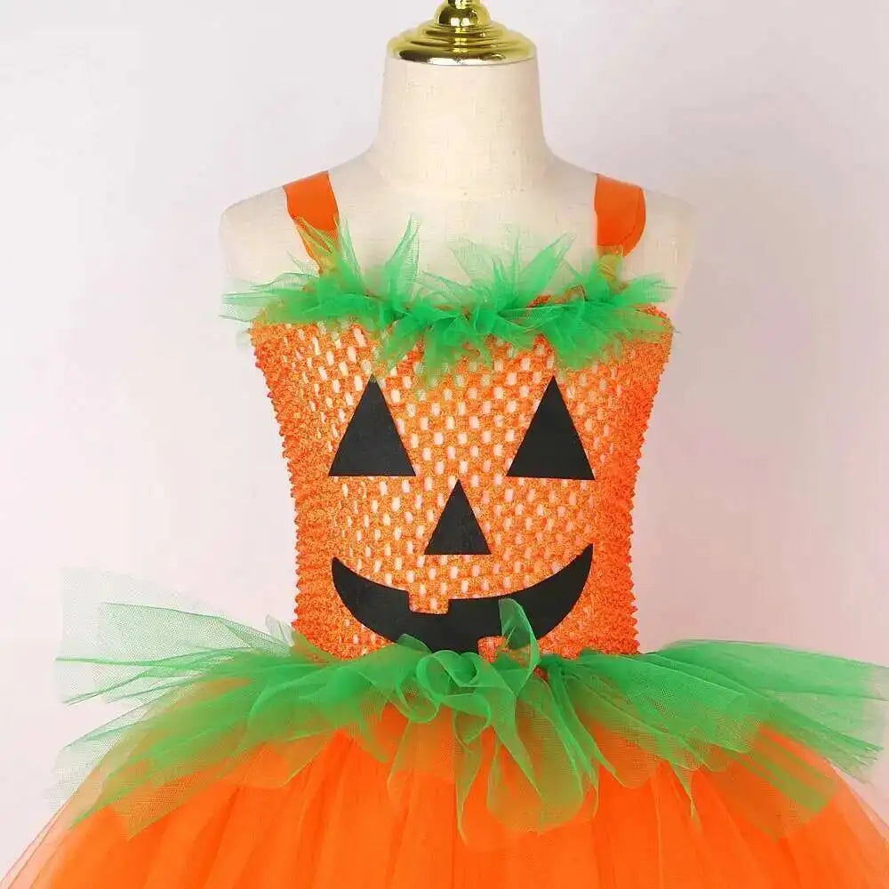 Girls Pumpkin Witch Costume – Halloween Fancy Dress Outfit with Tutu for Kids, Carnival & Party Wear