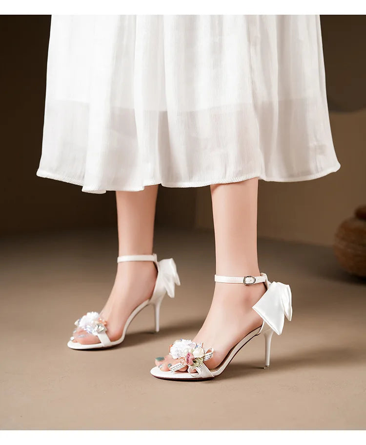 Women’s Open Toe High Heel Sandals – Satin Flower Bow, Buckle Strap, Elegant Dress & Wedding Shoes
