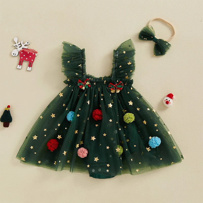 Infant Girl Christmas Romper – Princess Style Jumpsuit with Bells & Matching Headband