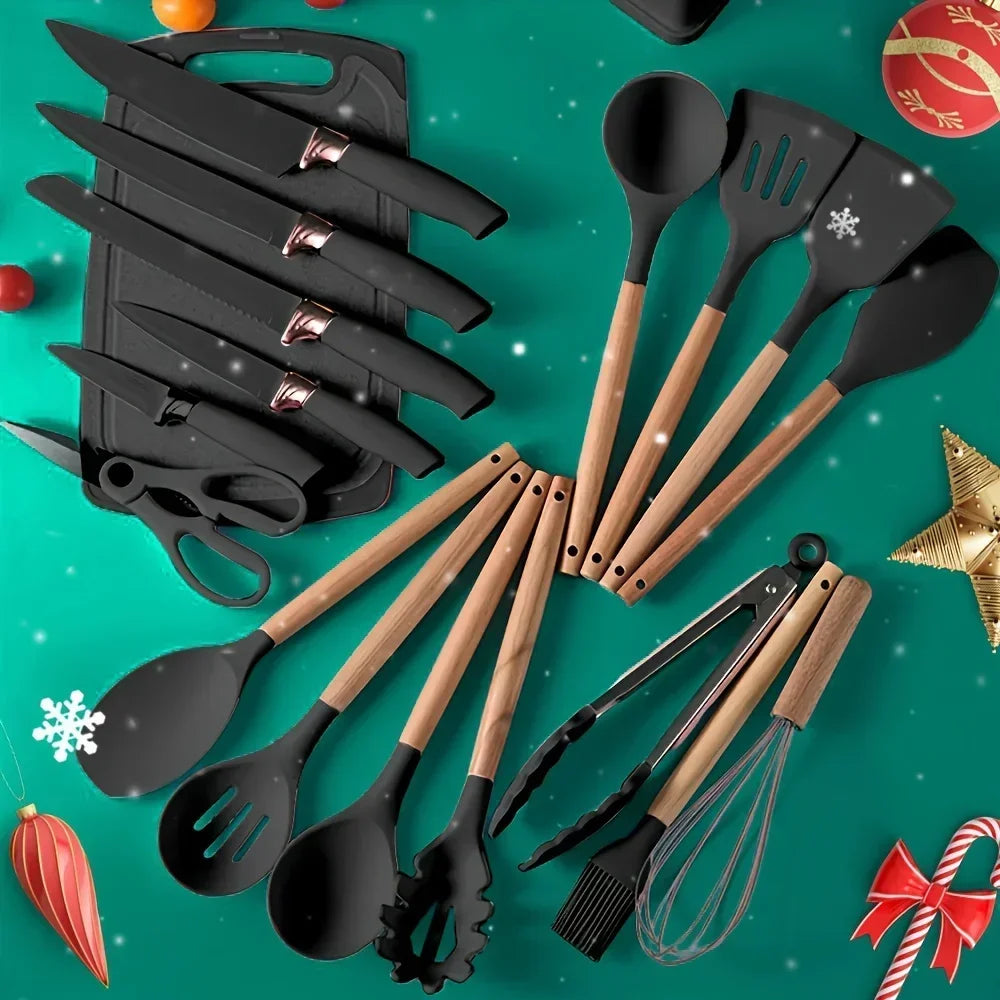 19-Piece Non-Stick Silicone Kitchen Utensil Set with Knives and Bamboo Storage – Heat-Resistant Tools Perfect for Cooking