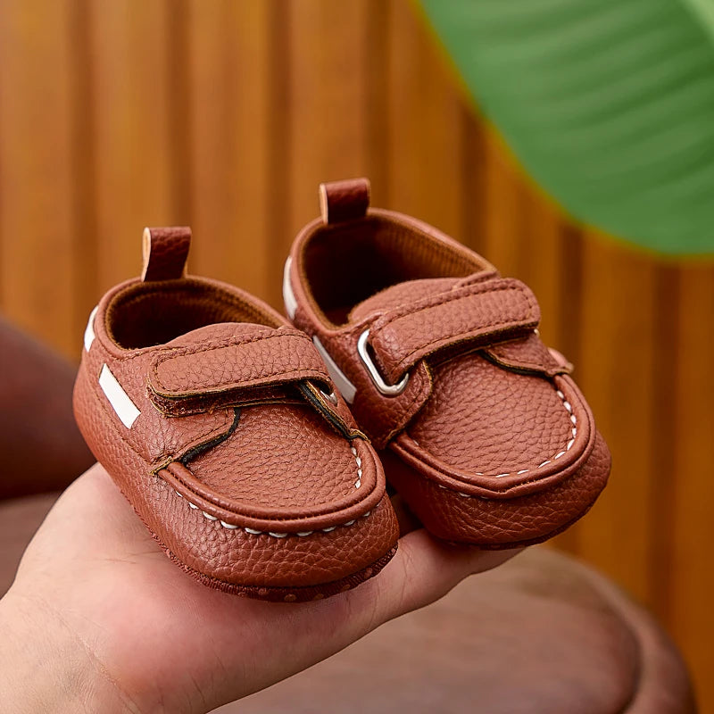Baby Soft-Sole Loafer Shoes with Hook-and-Loop Straps, PU Leather Prewalker Moccasin Style