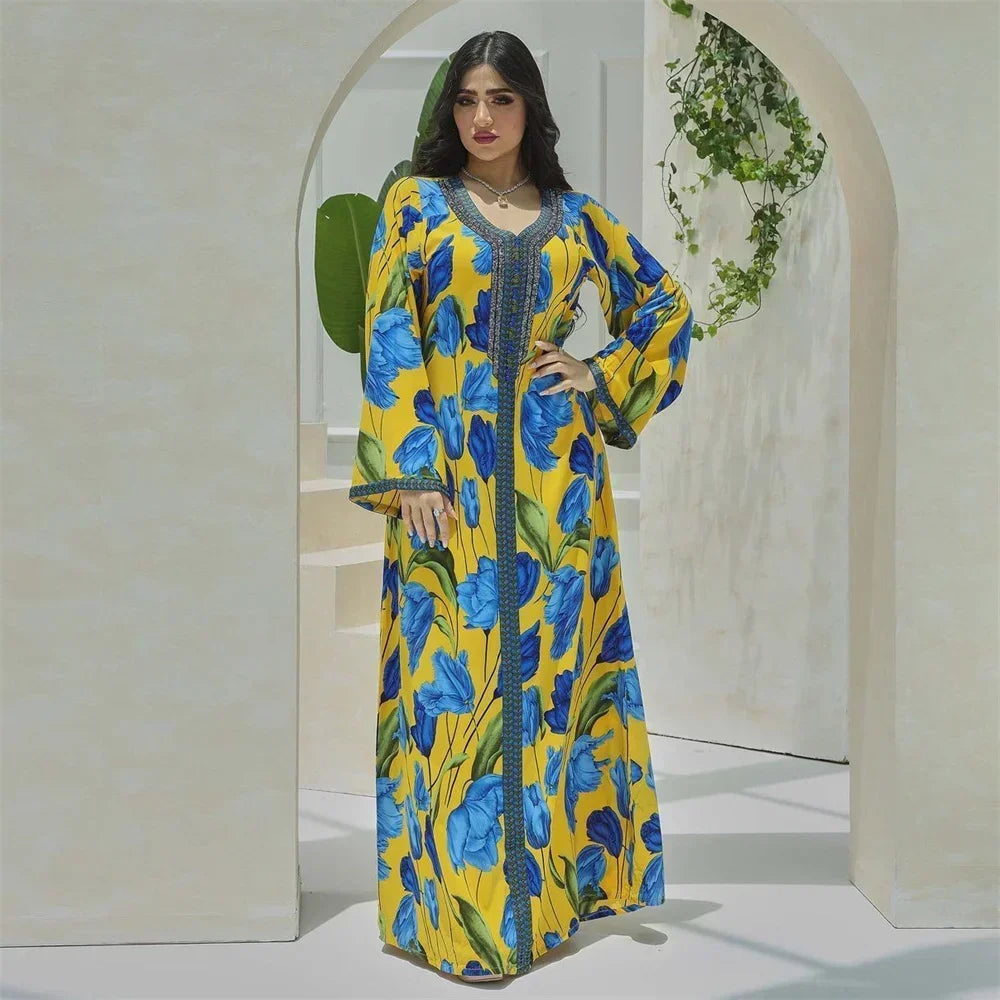 Elegant Ethnic Print Abaya Maxi Dress for Women – Muslim Jalabiya Modest Kaftan for Spring & Autumn