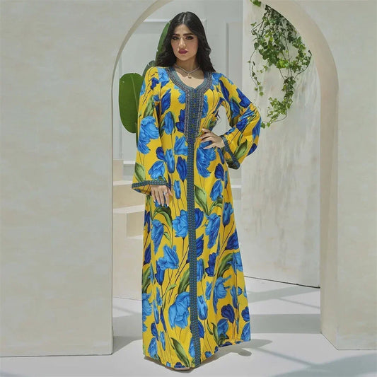 Elegant Ethnic Print Abaya Maxi Dress for Women – Muslim Jalabiya Modest Kaftan for Spring & Autumn