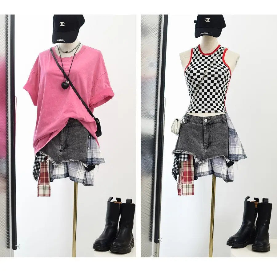 Vintage Plaid Denim Splicing Asymmetrical A-Line Mini Skirt