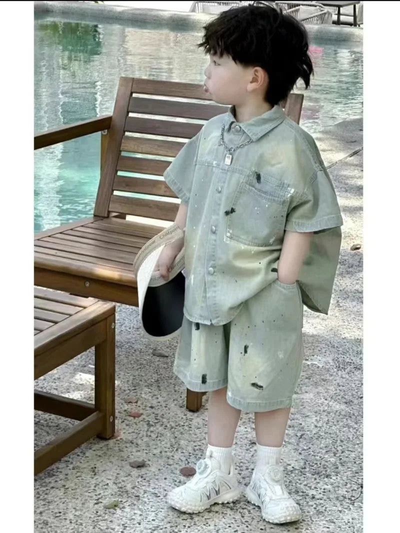 2PCS Fashion Kids Summer Clothes Boys Set 2025 New Girls Splashing Ink Washing Soft Denim Short Sleeved Shirt and Shorts