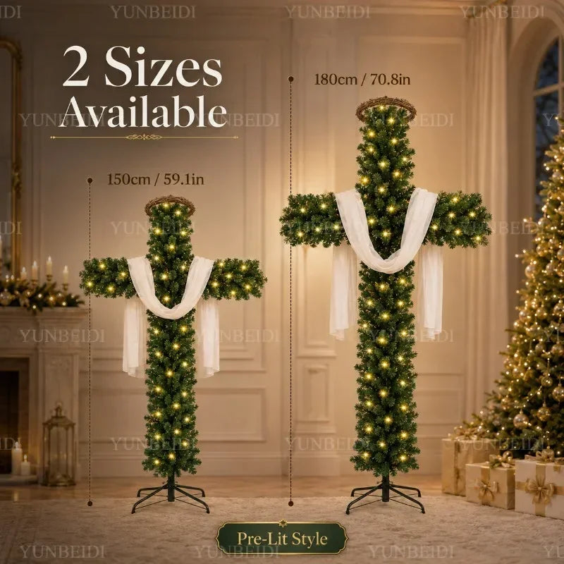 Cross-Shaped Artificial Christmas Tree with Metal Stand, 150 or 180 cm Green PVC Religious Holiday Decoration with Optional USB Lights