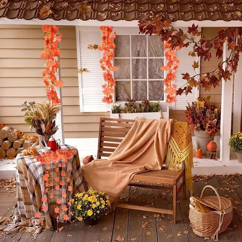 Artificial Autumn Maple Leaf Garland Hanging Vines for Fall, Thanksgiving and Halloween Mantel, Stair Railing and Party Decorations