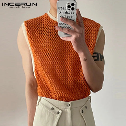 2024 Men’s Tank Tops Patchwork Mesh Transparent Lace Streetwear O-neck Sleeveless Vests T-shirt Fashion Clothing for Men, S-5XL - INCERUN.