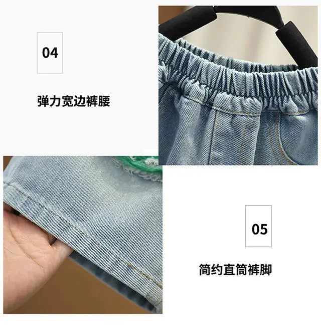 2025 Kids Clothing Boys' summer outfit set new stylish children's short sleeved letter T-shirt denim shorts 2-piece set