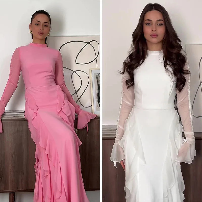 Eid Luxe Flow Gown – Elegant Modestwear Kaftan Inspired by Moroccan Jalabiya, Ruffle Trim Dubai Style Robe Dress for Women"
