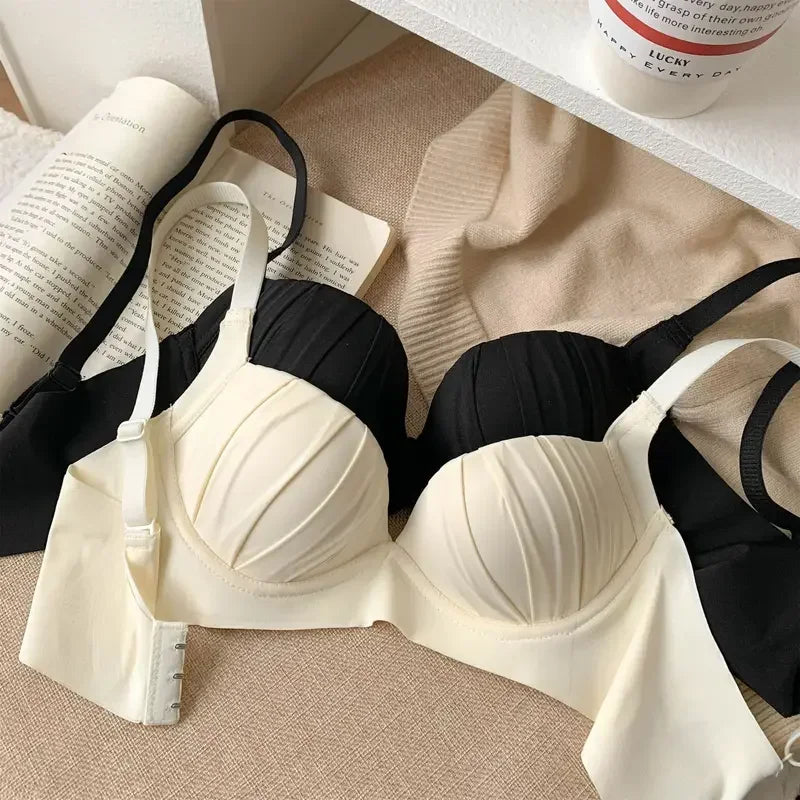 2025 New Pleated Bras Push Up Bra Small Chest No Steel Ring Wirelss Soft Bra Solid Color Sweet Seamless Bra