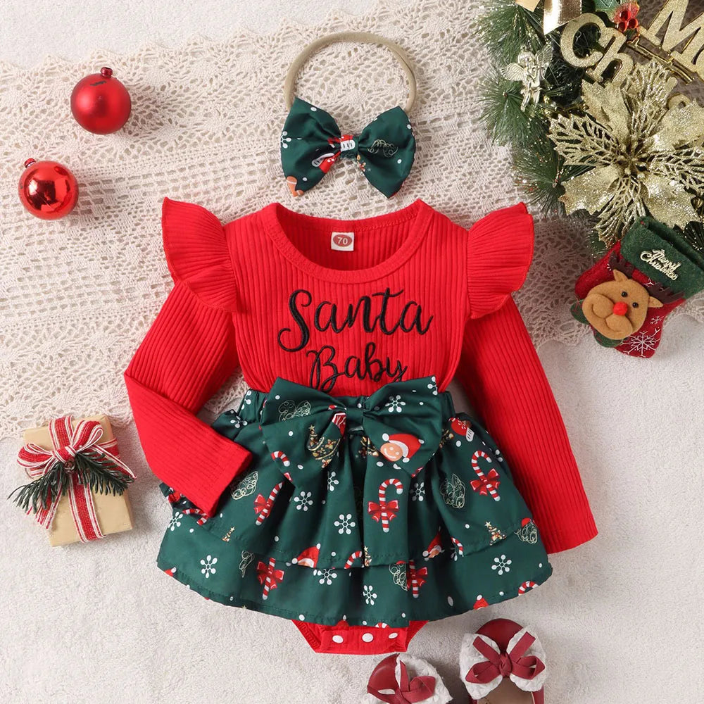 Baby Girl Christmas Dress Set – Snowflake Bodysuit, Bow Skirt & Headband